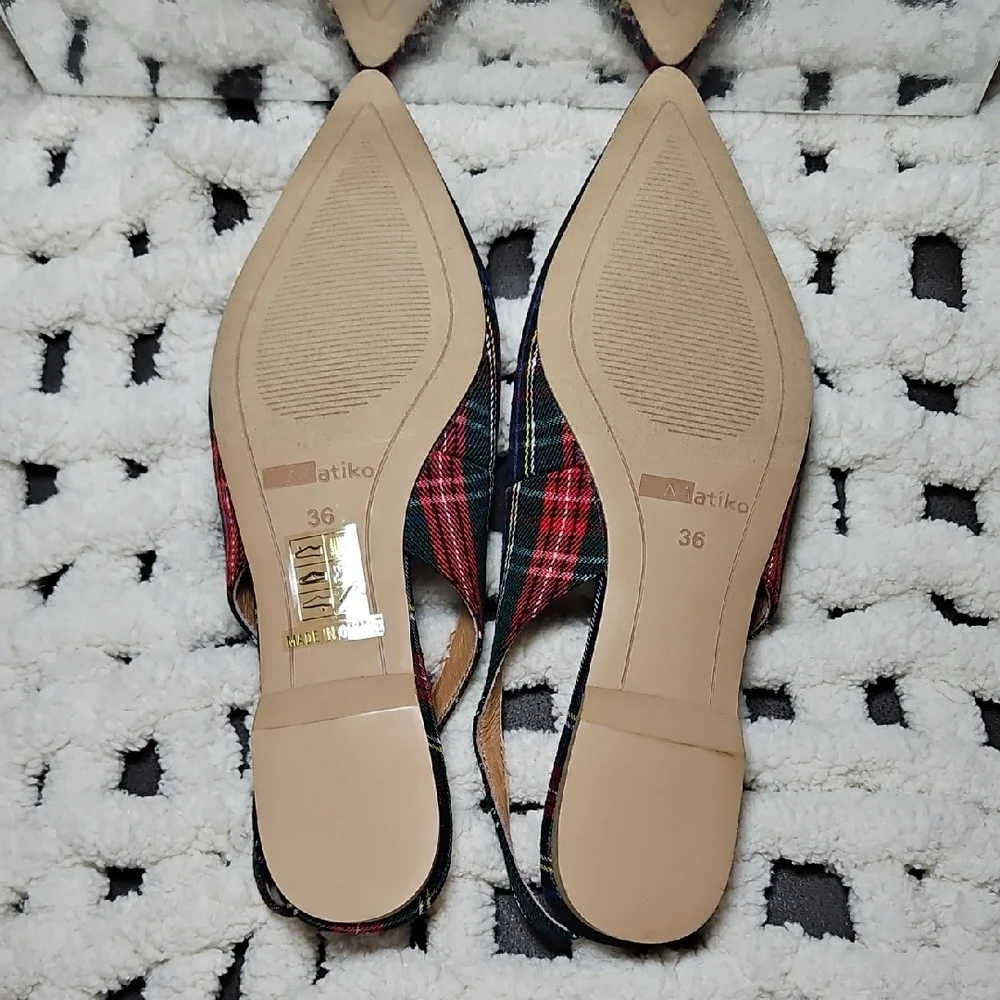 Matiko Lori Point Toe Slingback Flats Green Tartan Plaid New